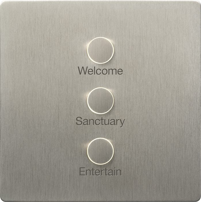 Lutron Alisse keypad in satin nickel with backlit Welcome, Sanctuary and Entertain buttons