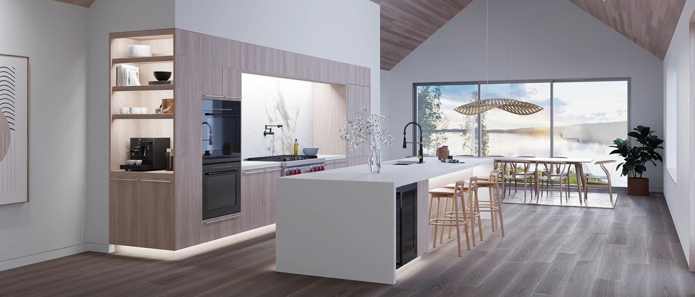 Open-plan kitchen with layered Lutron lighting — under-cabinet, shelf and pendant light balanced in one scene