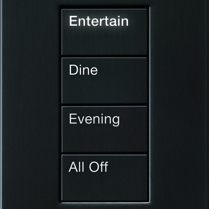 Lutron Palladiom keypad in black with engraved Entertain, Dine, Evening and All Off buttons