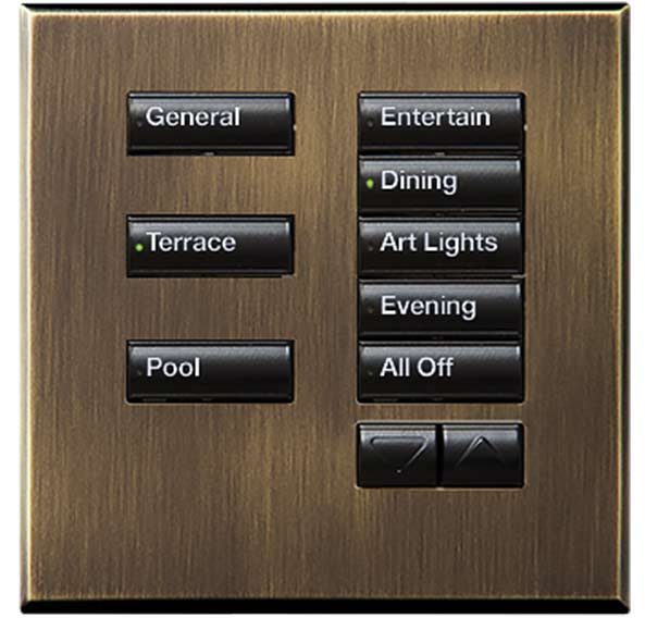 Lutron seeTouch keypad in antique brass with engraved scene buttons