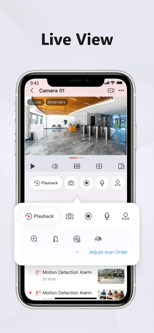Hik-Connect app — live camera view and playback